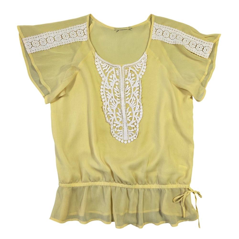 Sonoma Yellow Lace Trim Peplum Blouse Shirt Womens M Short Sleeve Crochet Boho